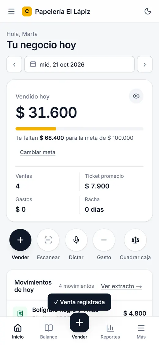 Inicio en el celular: lo vendido hoy y el botón Cuadrar caja