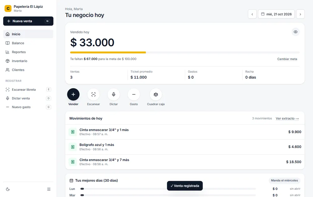 Cuadre en el computador: saldo vendido hoy, meta, acciones rápidas y movimientos del día